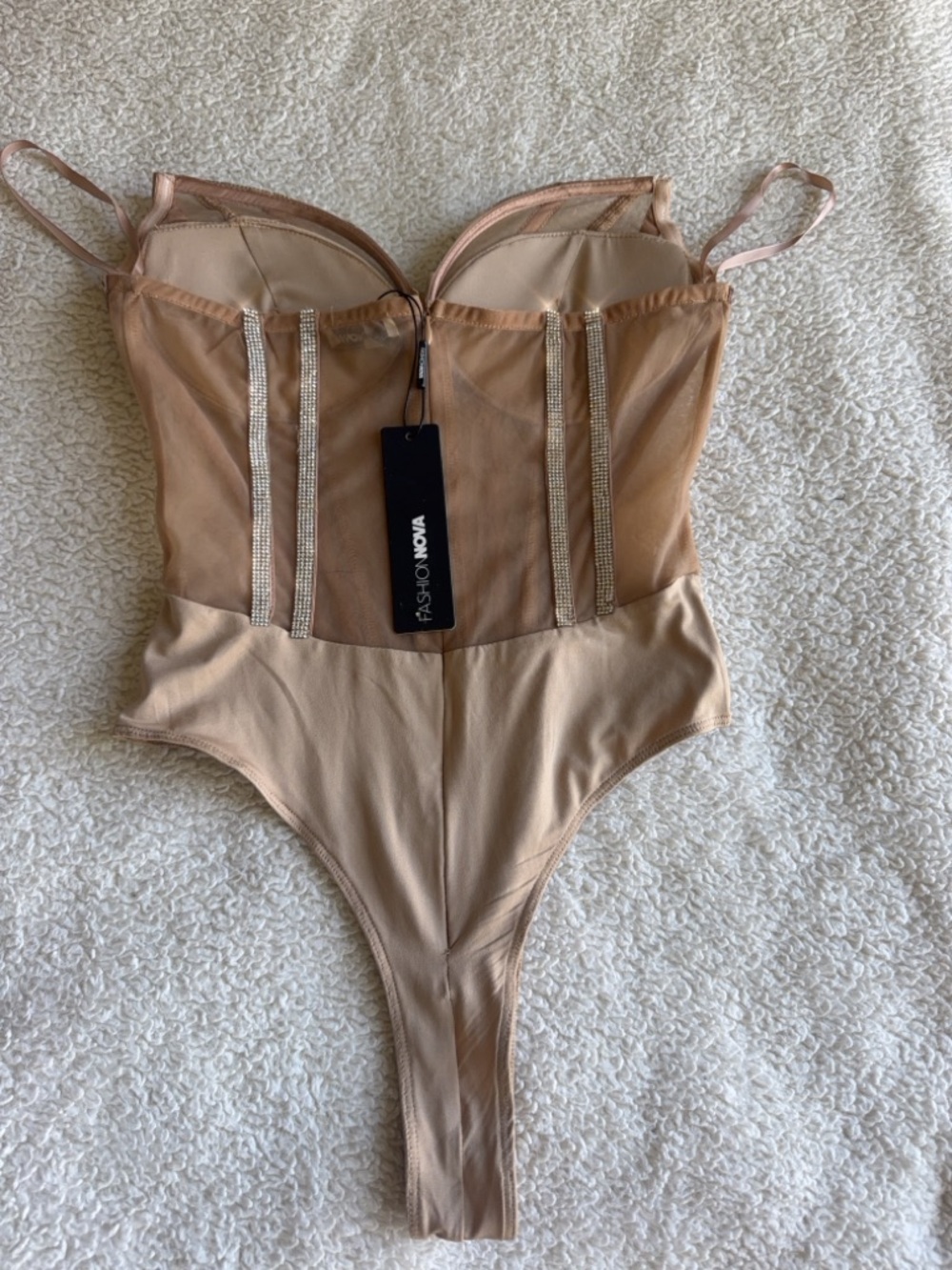 Fashion Nova Nude Rhinestone Mesh Bustier Bodysuit - Picture 3 of 3